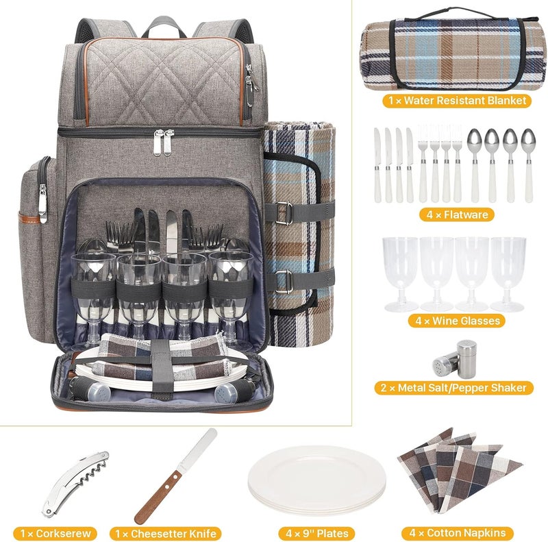 TwentyNext Picnic Backpack for 4, Picnic Basket Set, Leakproof Picnic Bag, Beach Cooler Backpack with Insulated Cooler Wine Pouch,Picnic Blanket, Double Deck Picnic Backpack for Beach,Camping,Park(BrushedKhaki) - Image 4